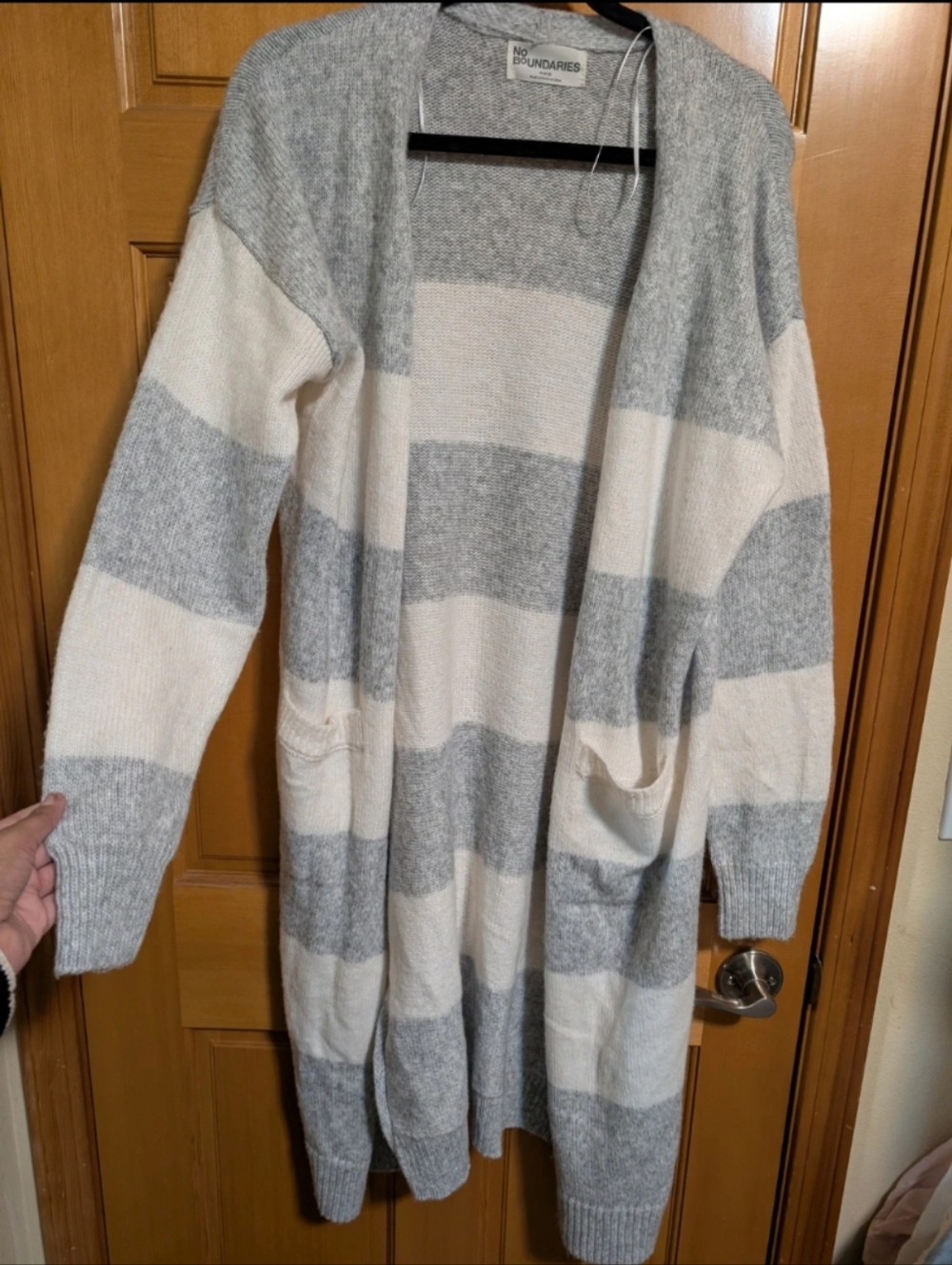No Boundaries Gray & Cream Striped Open Cardigan